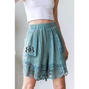 Oli & Hali Teal Mineral Washed Long Cotton Lace Trimmed Shorts